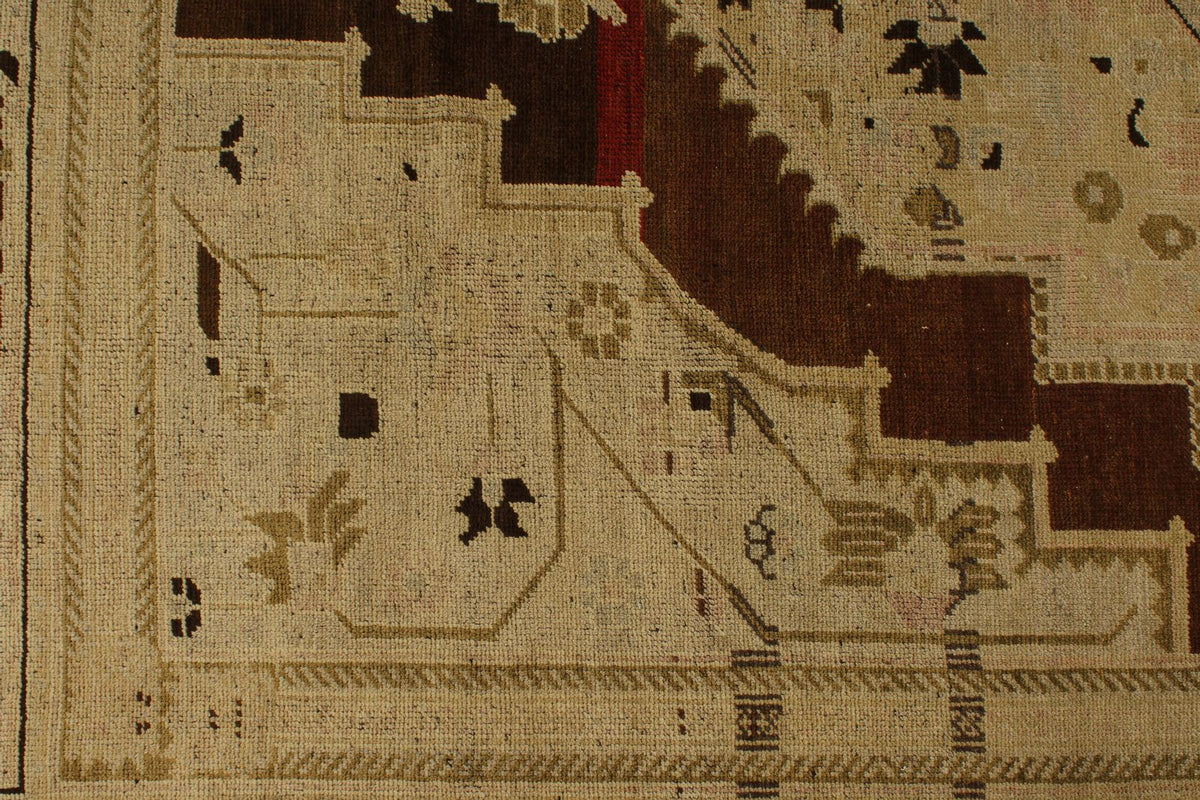 7x12 Ivory and Brown Turkish Tribal Rug