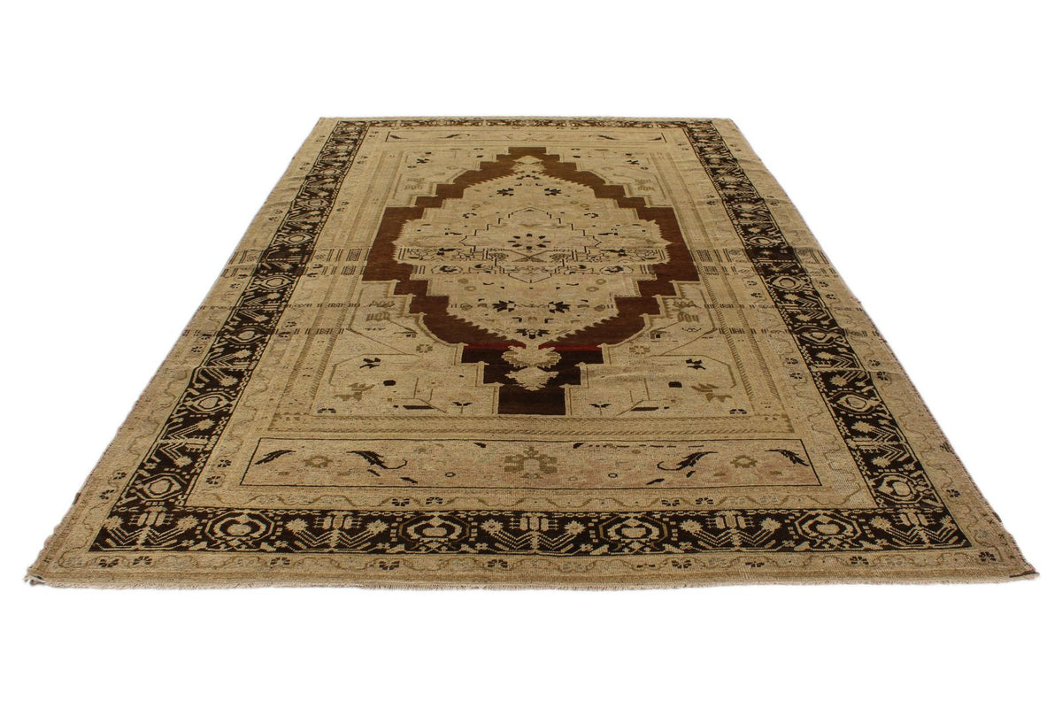 7x12 Ivory and Brown Turkish Tribal Rug