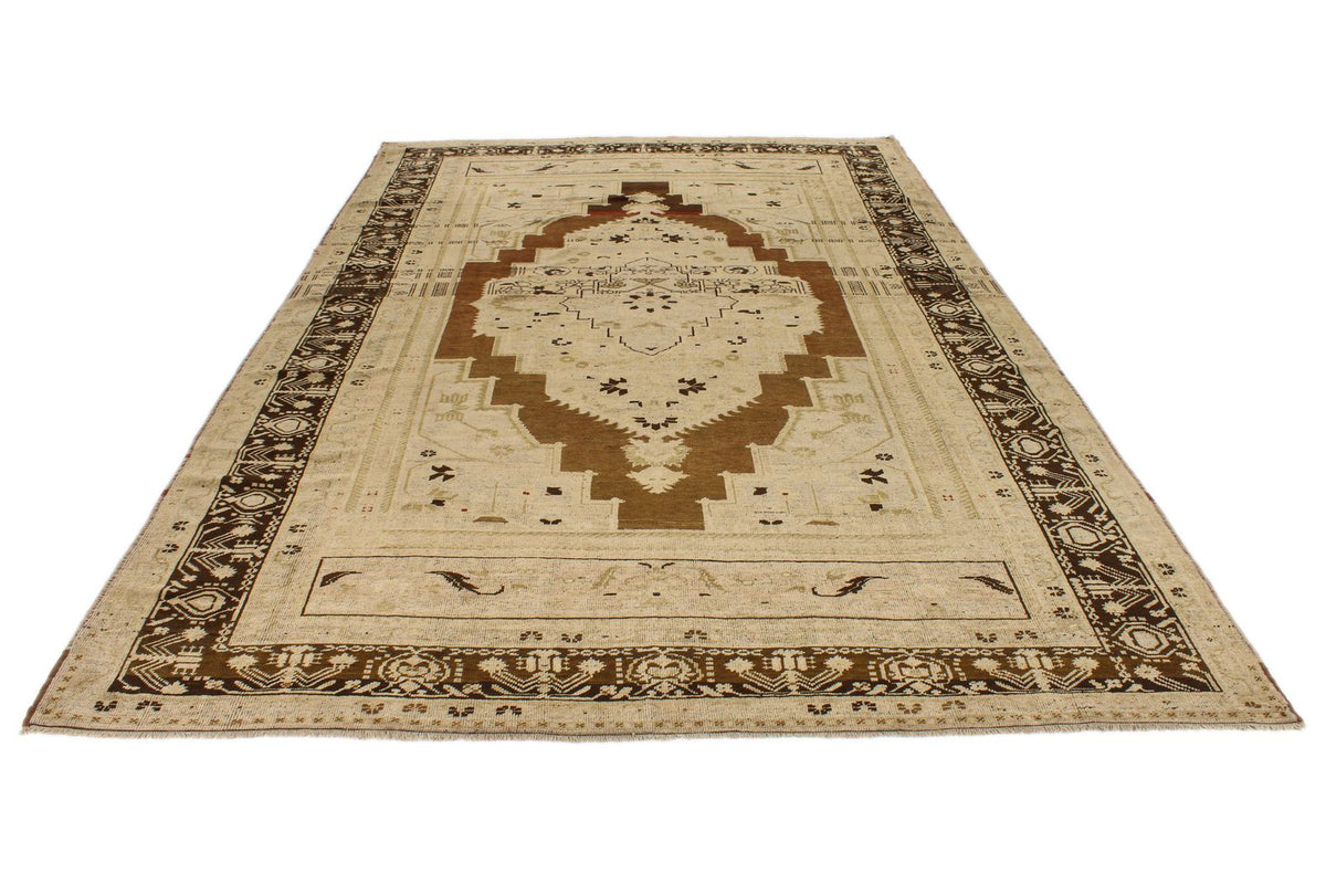 7x12 Ivory and Brown Turkish Tribal Rug