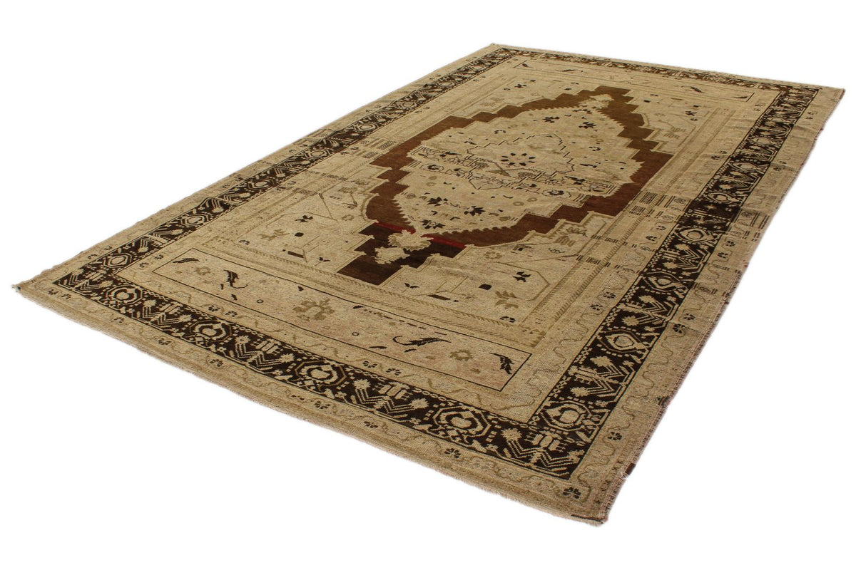 7x12 Ivory and Brown Turkish Tribal Rug