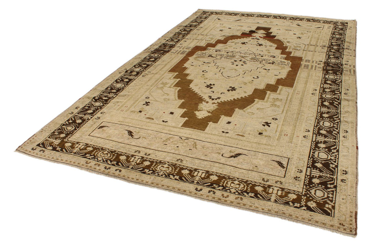 7x12 Ivory and Brown Turkish Tribal Rug