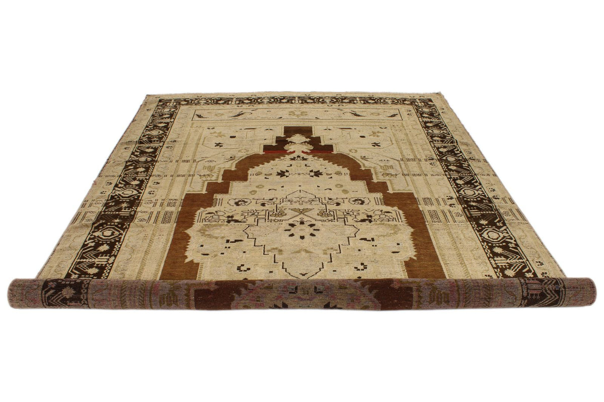 7x12 Ivory and Brown Turkish Tribal Rug