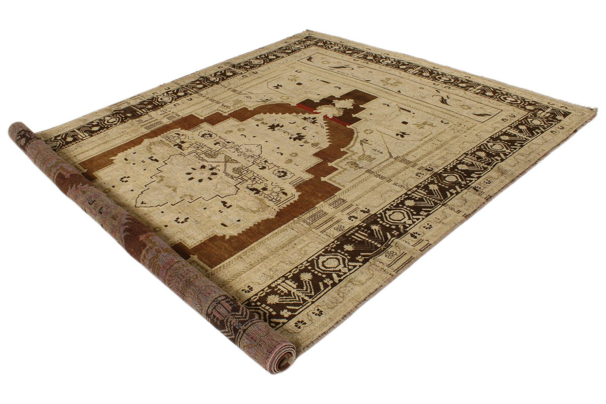 7x12 Ivory and Brown Turkish Tribal Rug