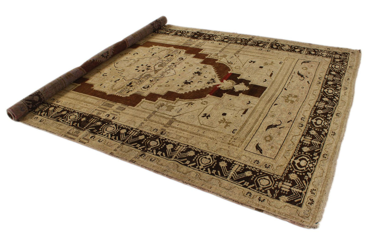 7x12 Ivory and Brown Turkish Tribal Rug