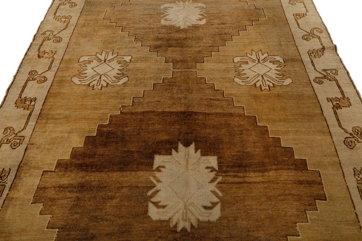 7x12 Brown and Ivory Turkish Tribal Rug