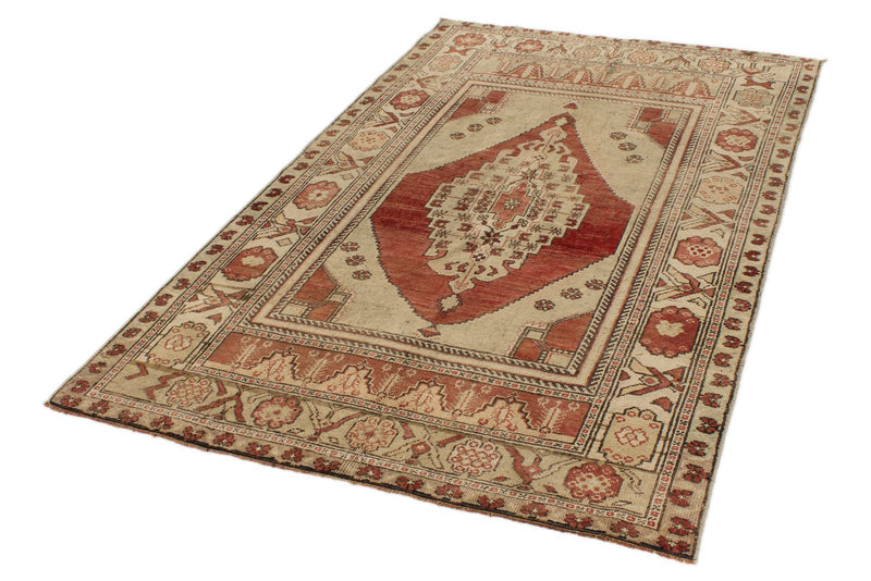 4x7 Ivory and Red Turkish Tribal Rug