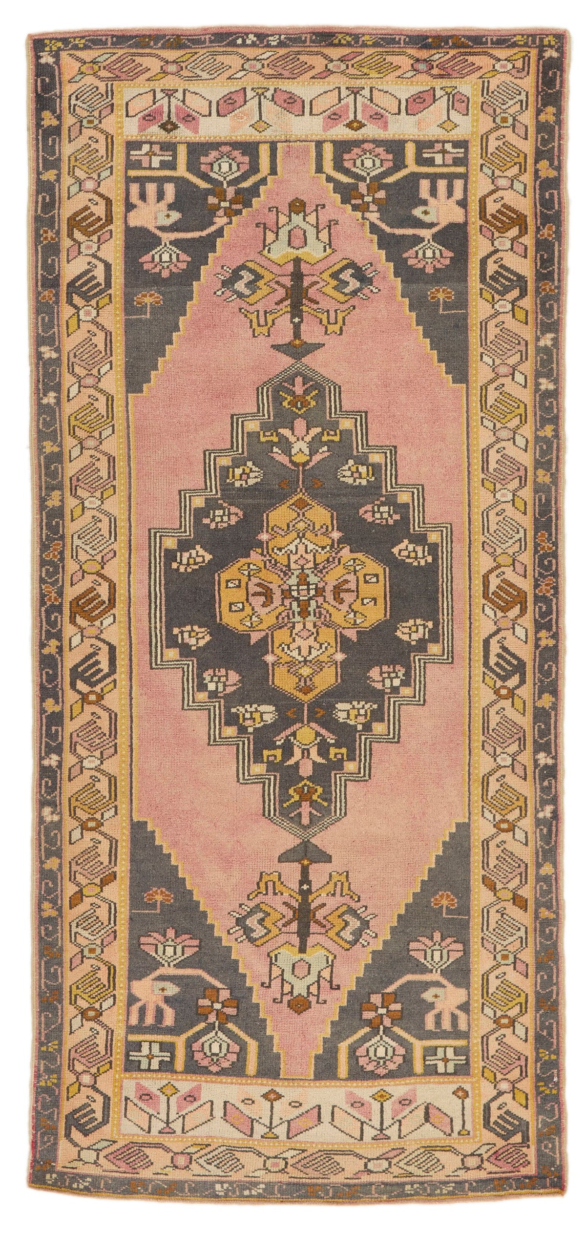 3x8 Pink and Gold Turkish Tribal Rug