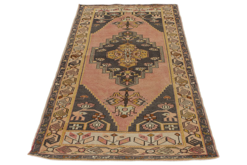 3x8 Pink and Gold Turkish Tribal Rug