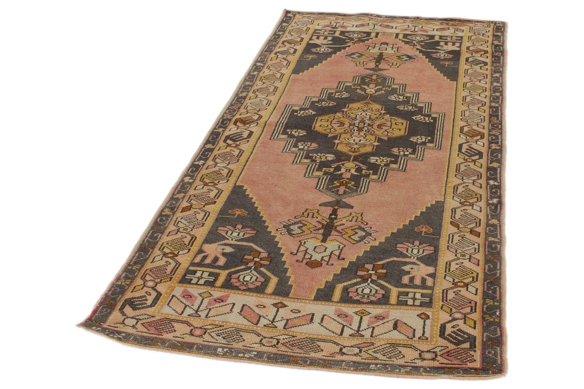 3x8 Pink and Gold Turkish Tribal Rug