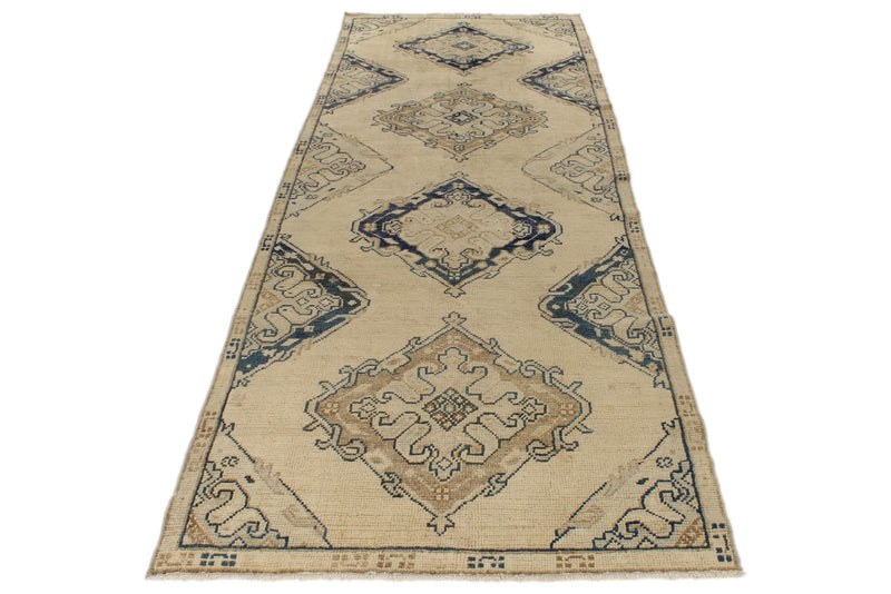 4x11 Ivory and Blue Turkish Tribal Runner