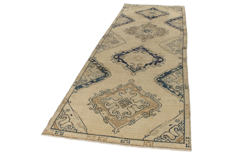 4x11 Ivory and Blue Turkish Tribal Runner