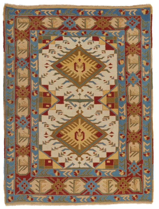 4x5 Ivory and Red Turkish Tribal Rug