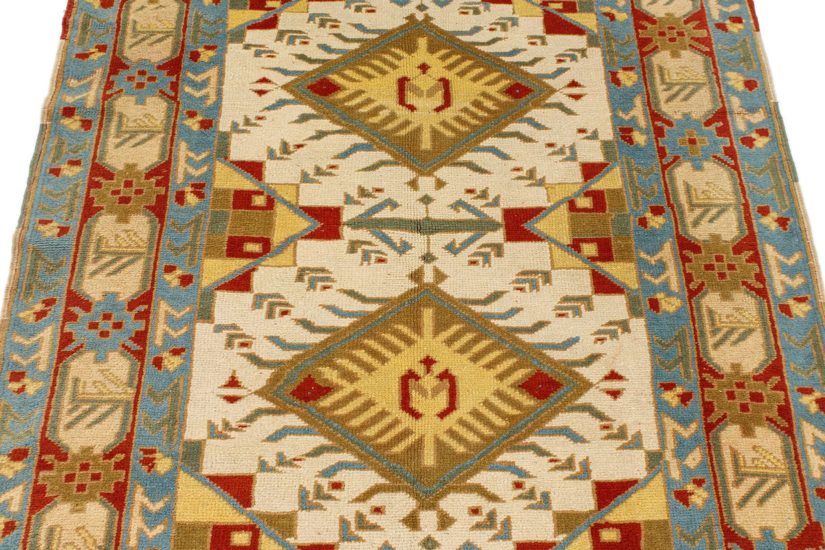 4x5 Ivory and Red Turkish Tribal Rug