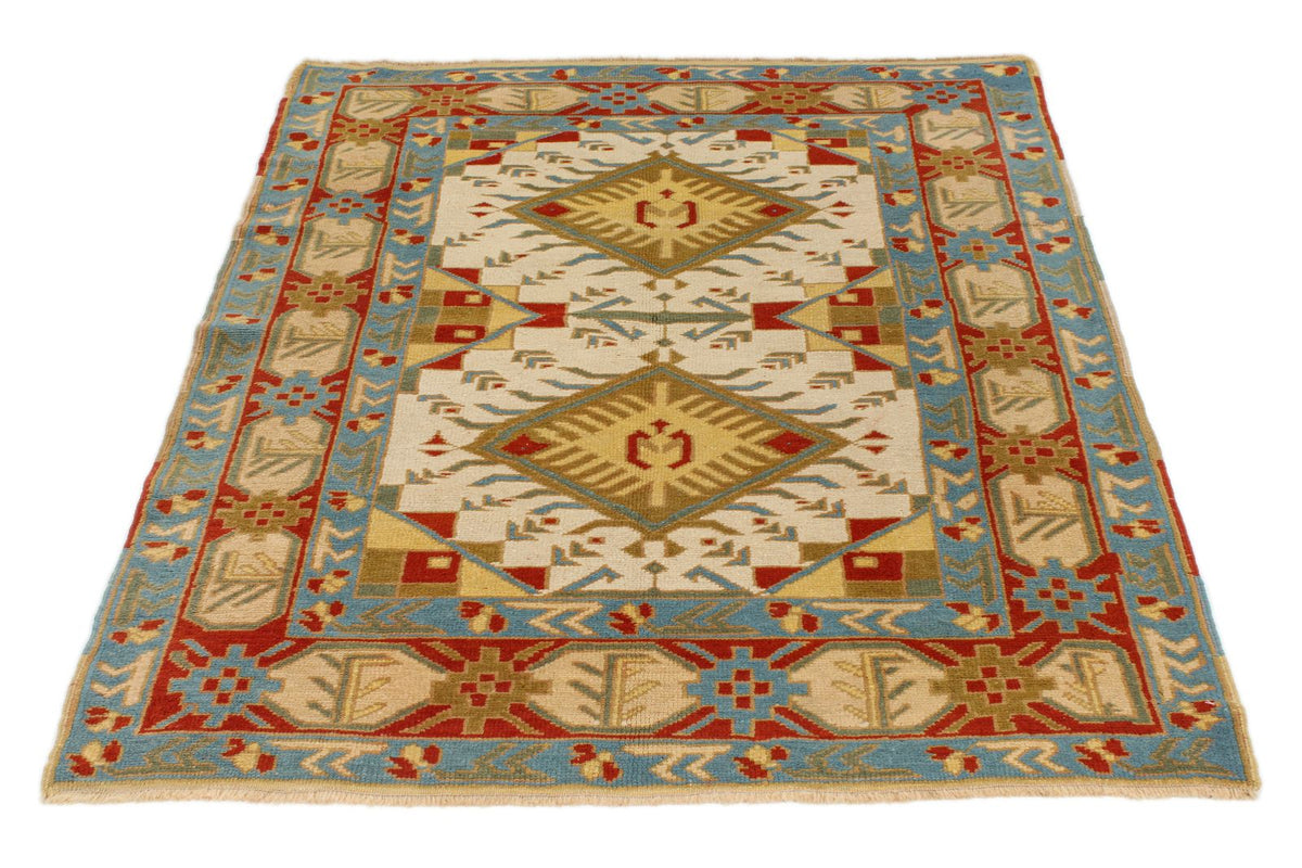 4x5 Ivory and Red Turkish Tribal Rug
