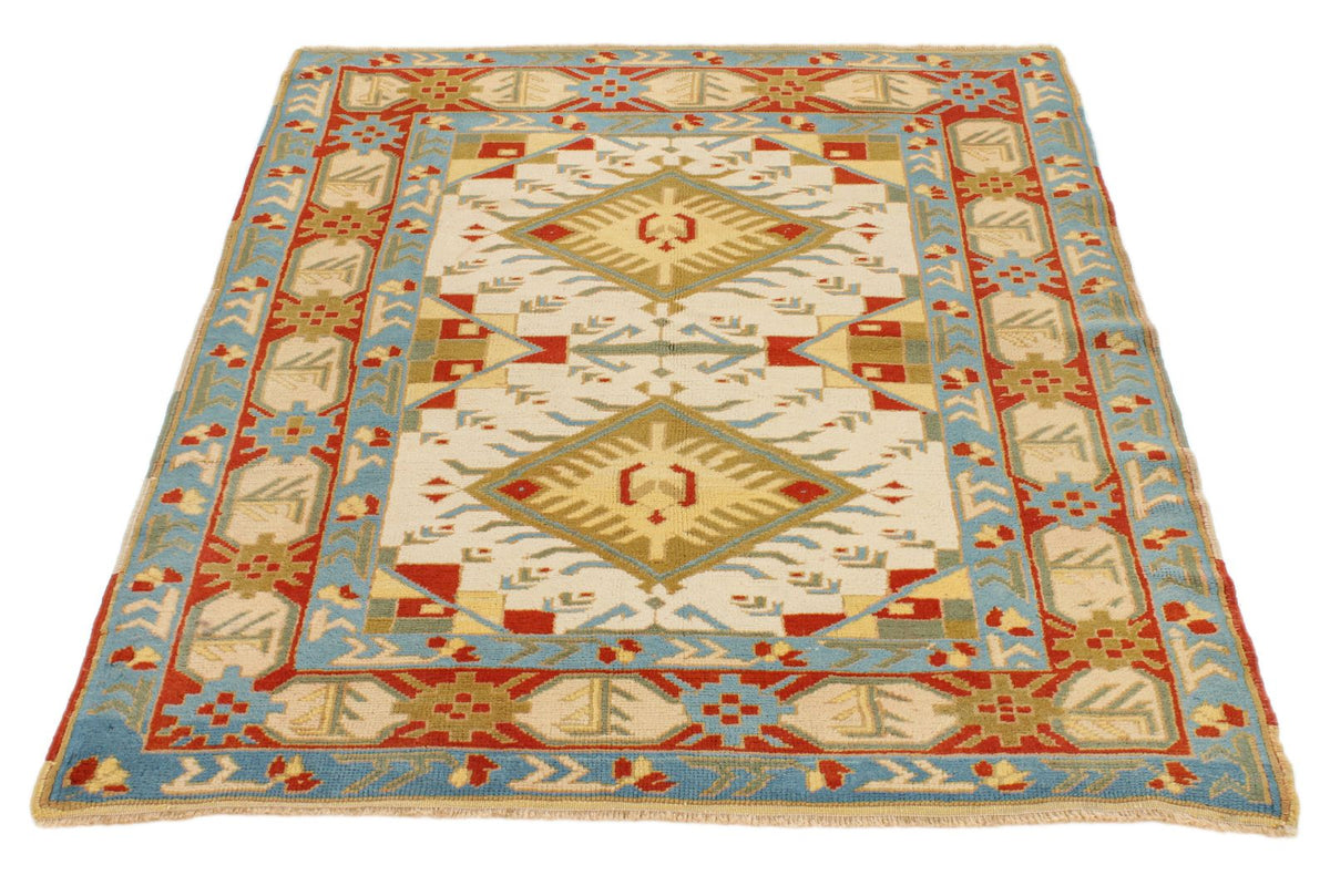 4x5 Ivory and Red Turkish Tribal Rug