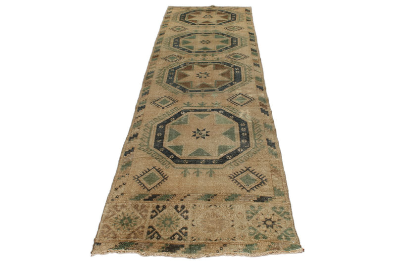3x13 Ivory and Green Turkish Tribal Runner