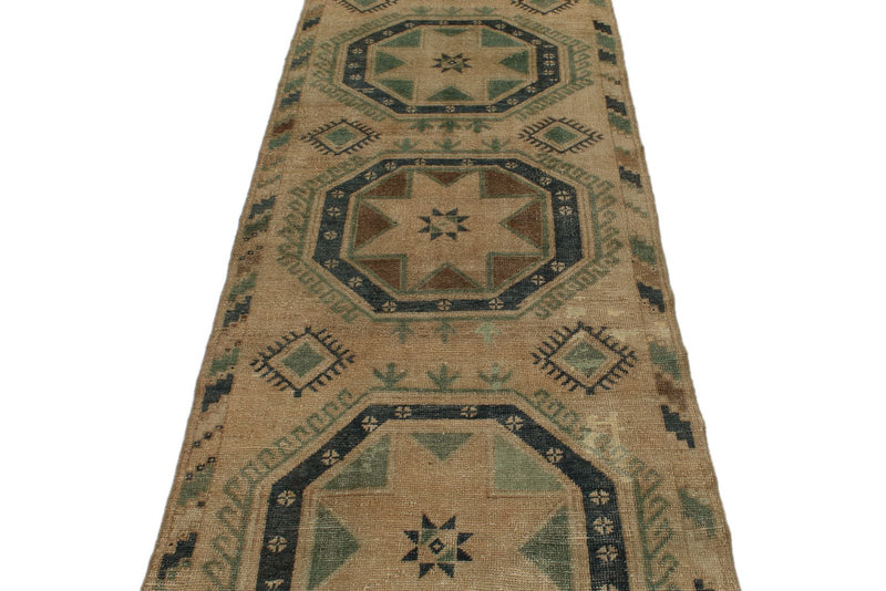 3x13 Ivory and Green Turkish Tribal Runner