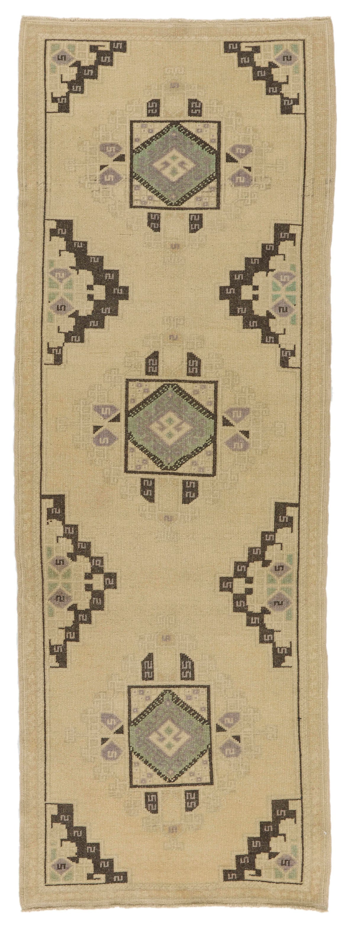 3x8 Ivory and Green Turkish Tribal Runner