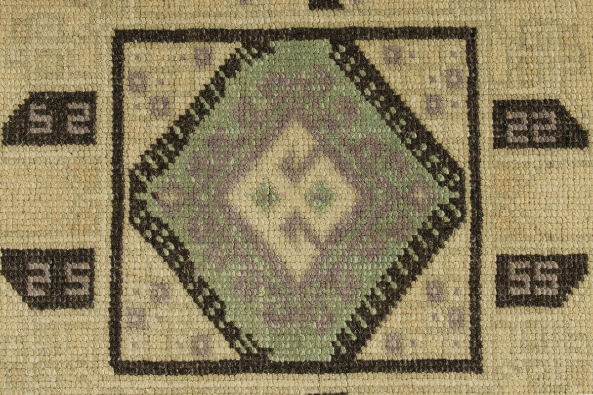 3x8 Ivory and Green Turkish Tribal Runner
