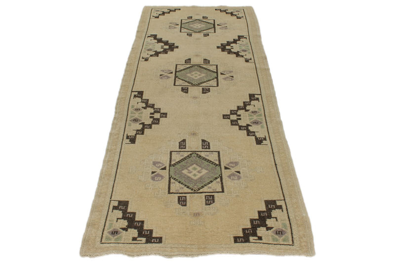 3x8 Ivory and Green Turkish Tribal Runner