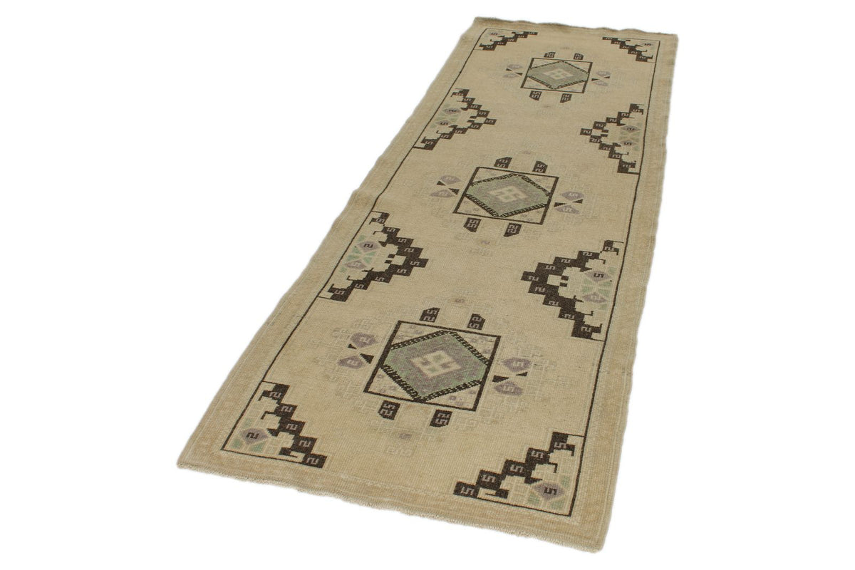 3x8 Ivory and Green Turkish Tribal Runner