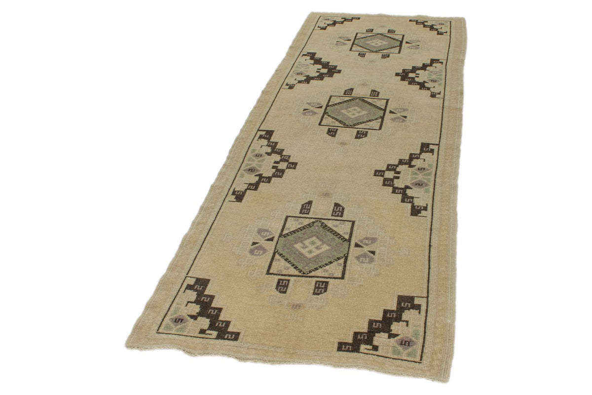 3x8 Ivory and Green Turkish Tribal Runner