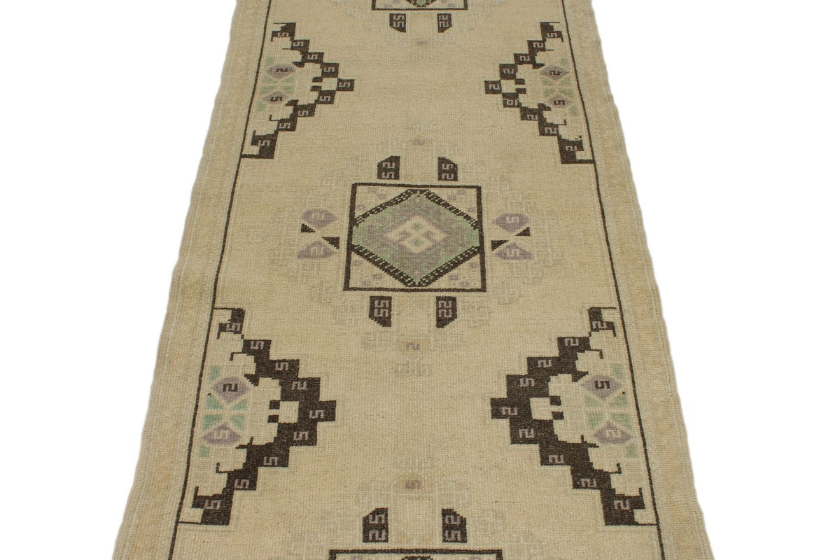3x8 Ivory and Green Turkish Tribal Runner