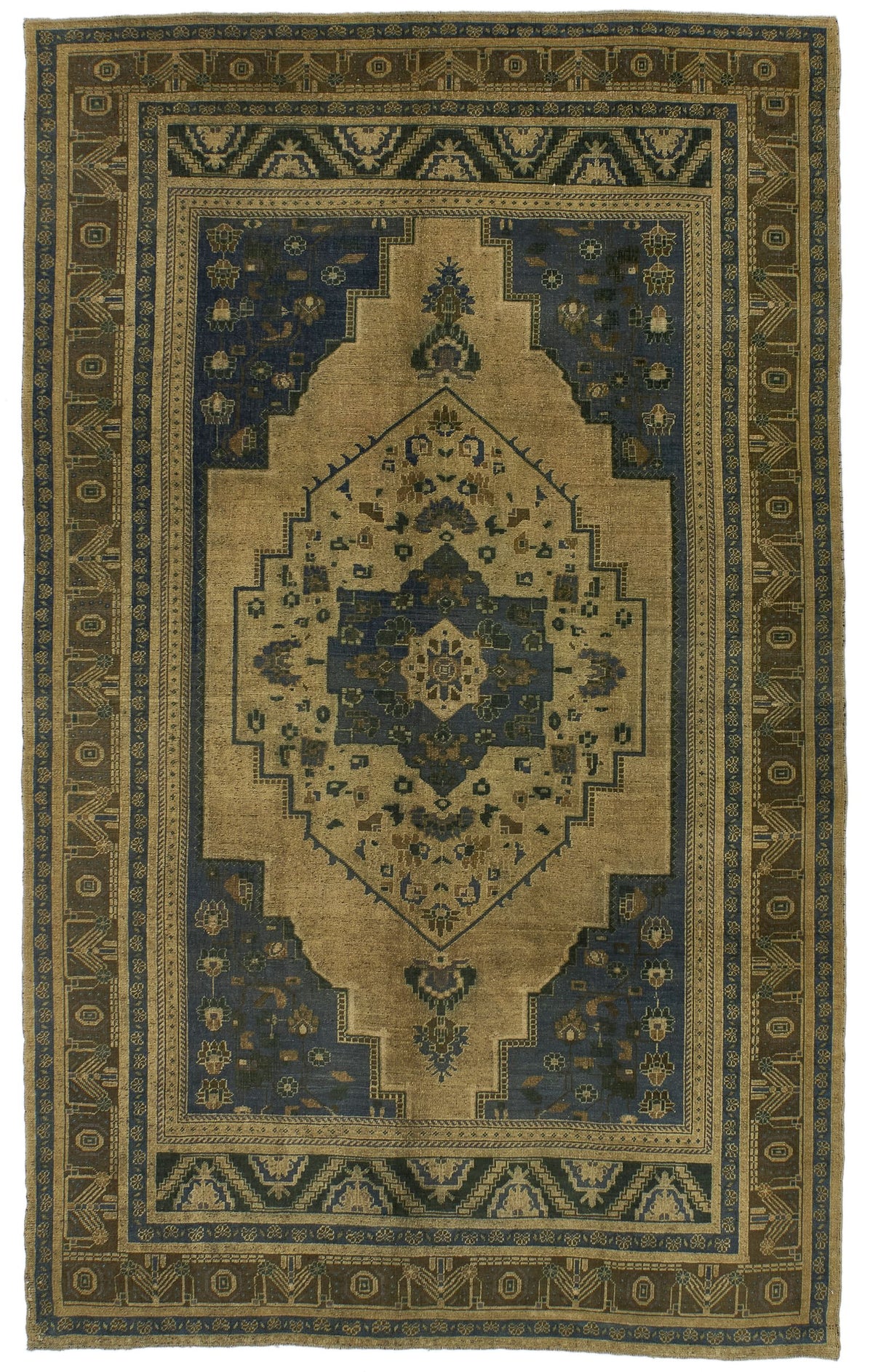 7x11 Ivory and Brown Turkish Tribal Rug