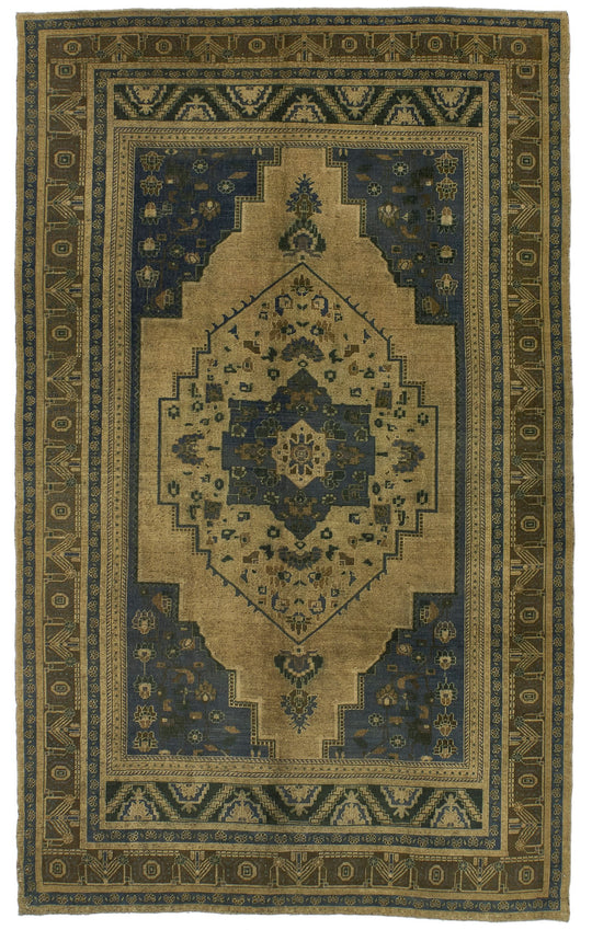 7x11 Ivory and Brown Turkish Tribal Rug