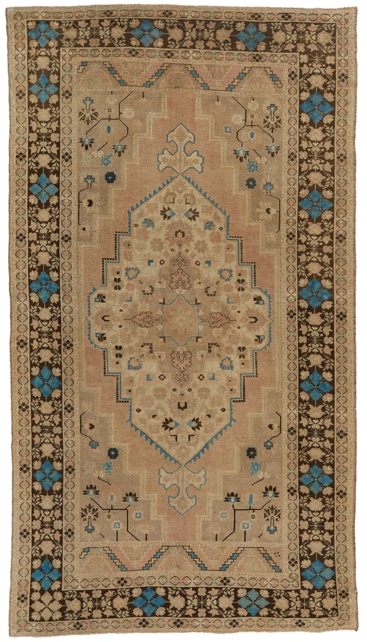 7x13 Ivory and Brown Turkish Tribal Rug