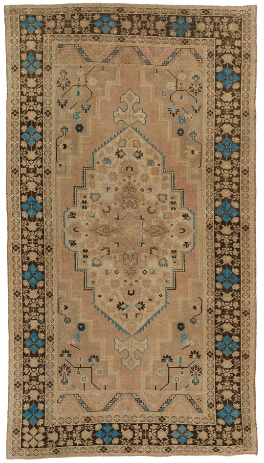 7x13 Ivory and Brown Turkish Tribal Rug