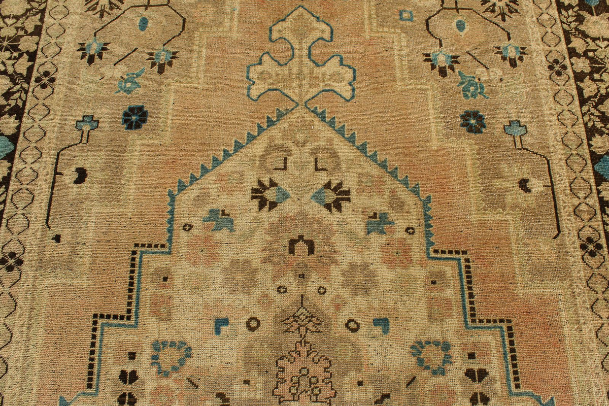 7x13 Ivory and Brown Turkish Tribal Rug