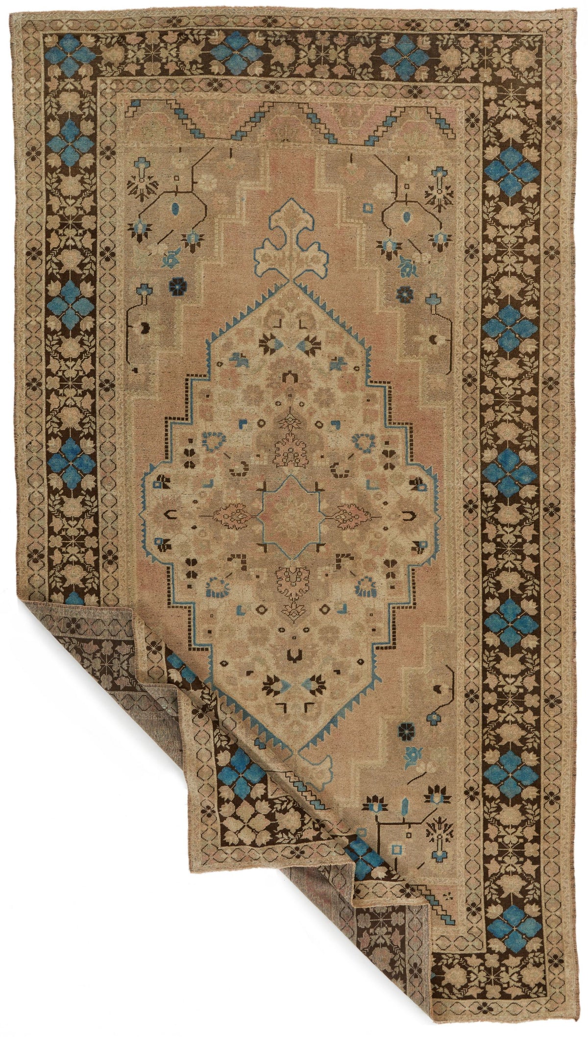 7x13 Ivory and Brown Turkish Tribal Rug