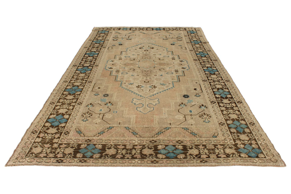 7x13 Ivory and Brown Turkish Tribal Rug