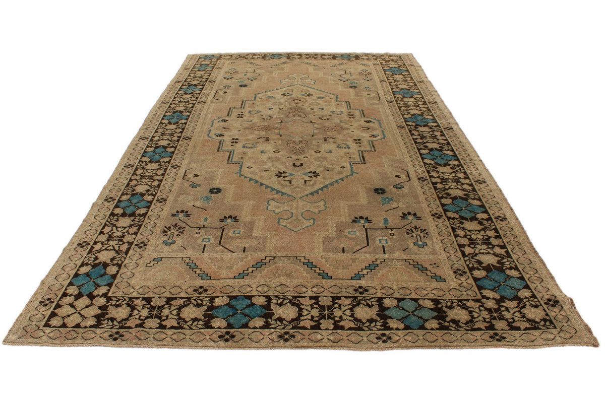 7x13 Ivory and Brown Turkish Tribal Rug