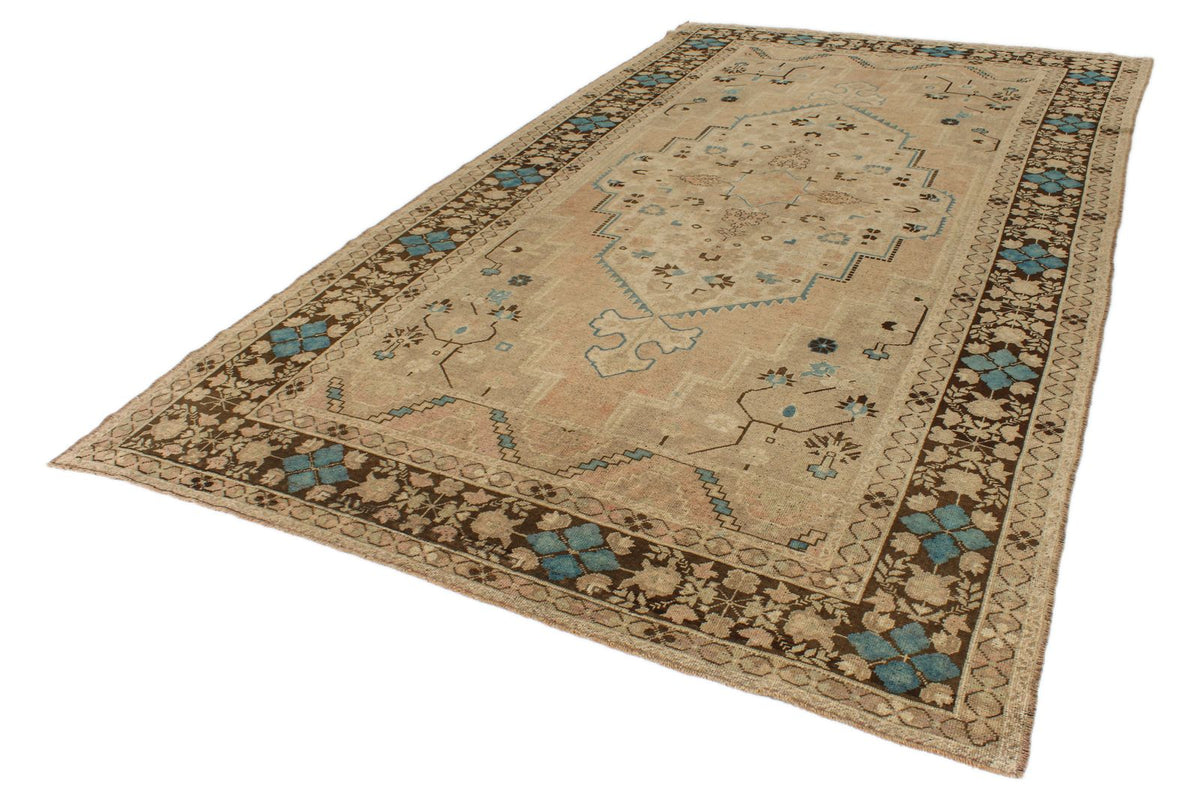7x13 Ivory and Brown Turkish Tribal Rug