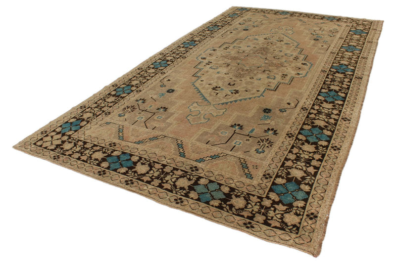 7x13 Ivory and Brown Turkish Tribal Rug