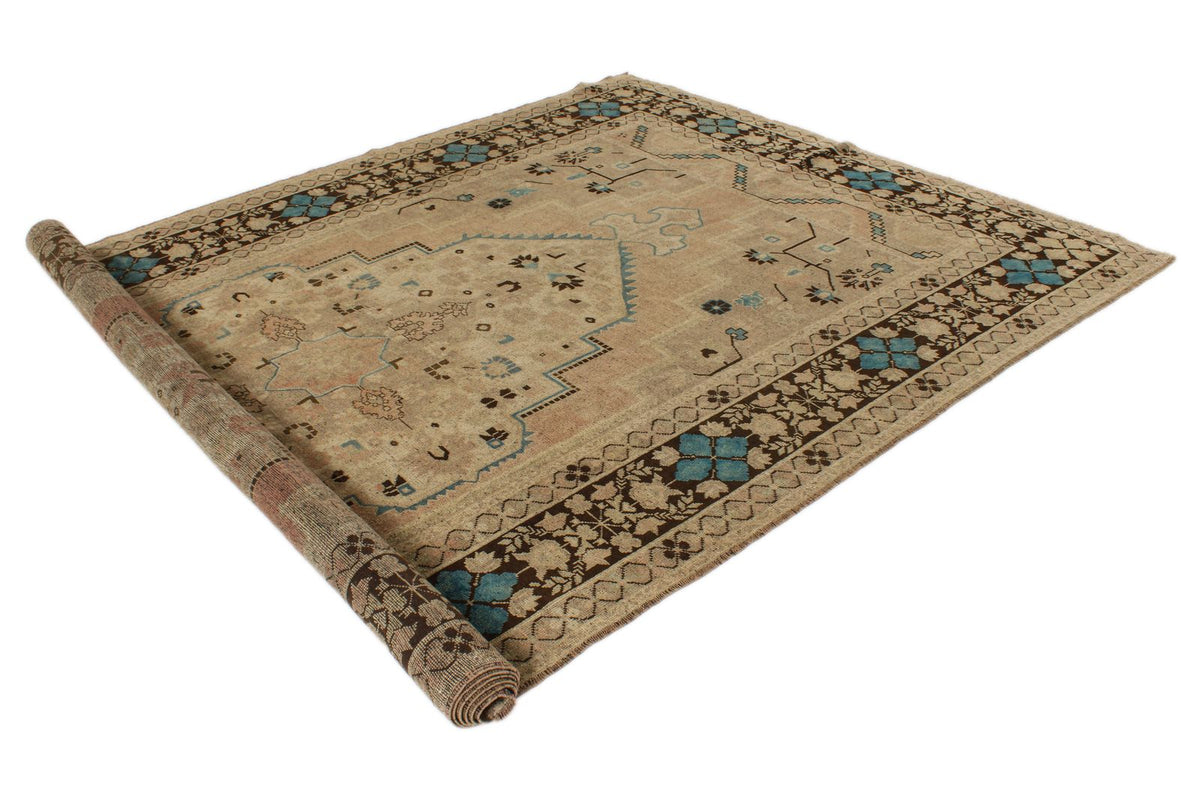 7x13 Ivory and Brown Turkish Tribal Rug