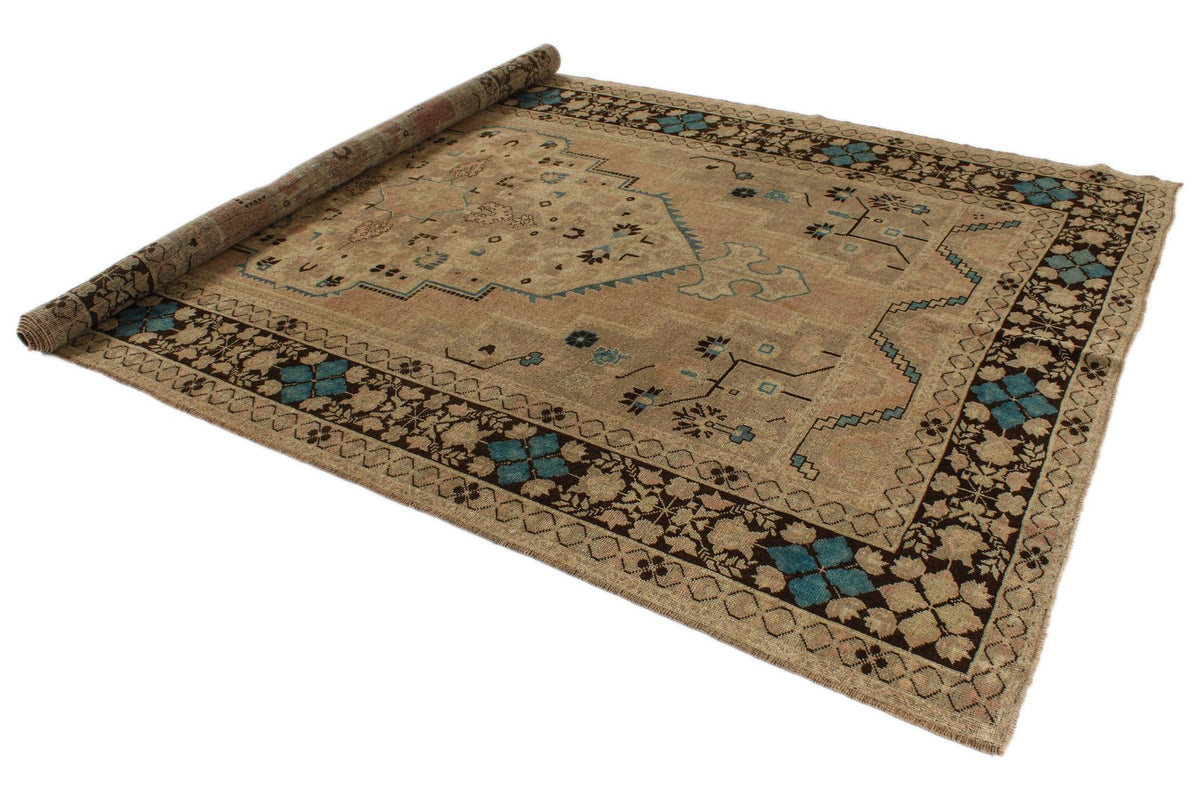 7x13 Ivory and Brown Turkish Tribal Rug
