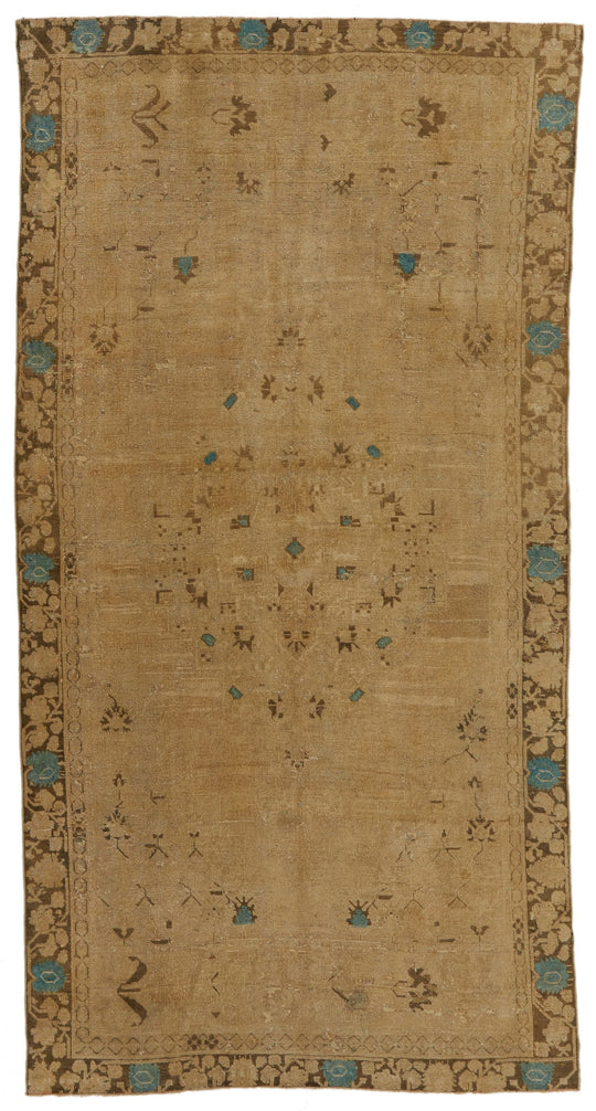 7x13 Ivory and Brown Turkish Tribal Rug
