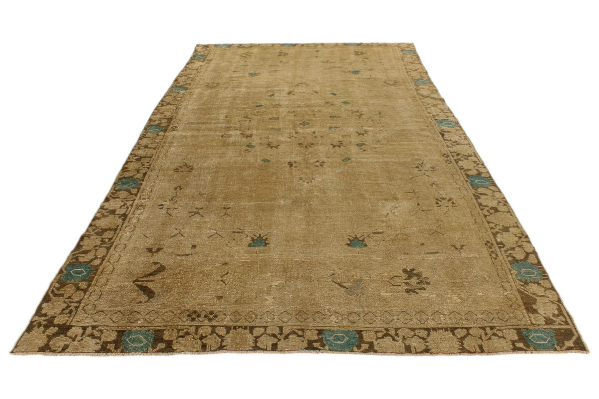 7x13 Ivory and Brown Turkish Tribal Rug