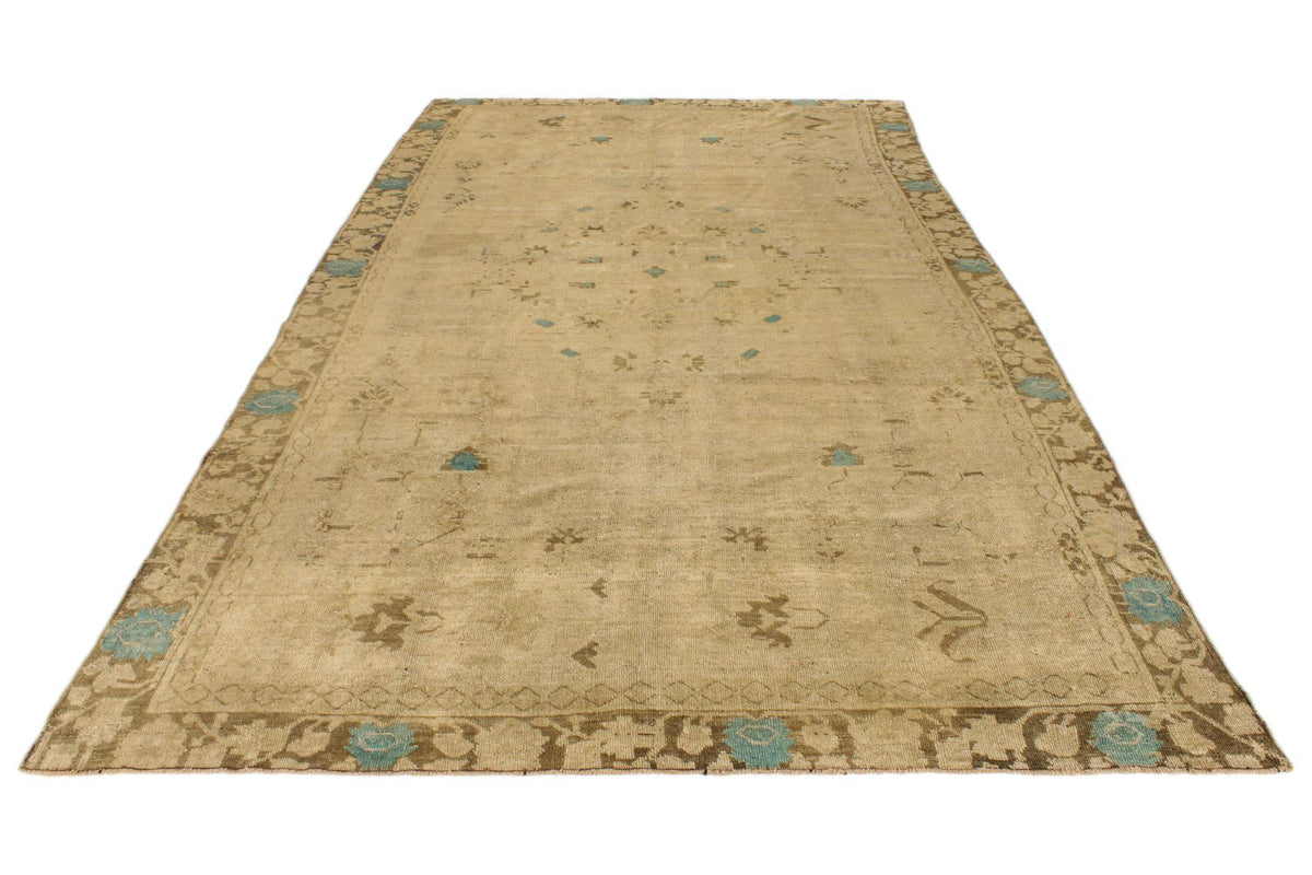 7x13 Ivory and Brown Turkish Tribal Rug