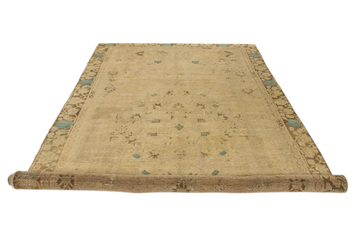 7x13 Ivory and Brown Turkish Tribal Rug