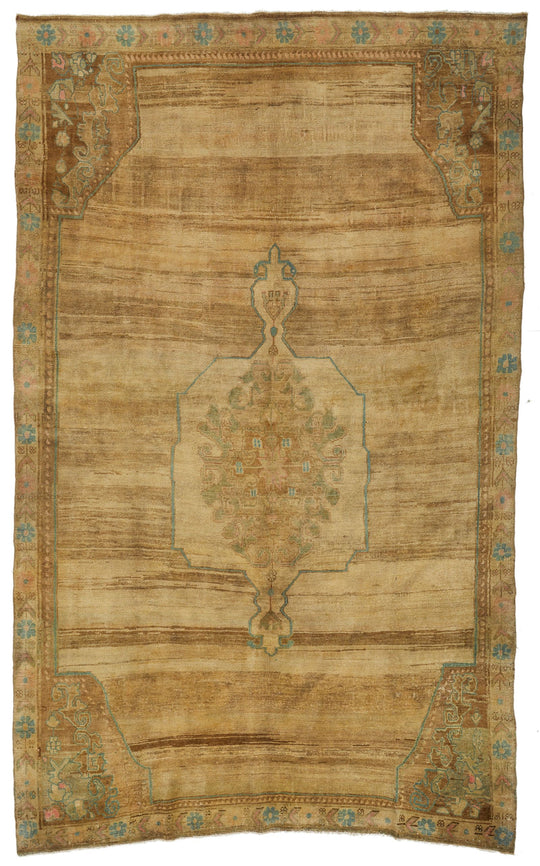 7x11 Ivory and Brown Turkish Tribal Rug