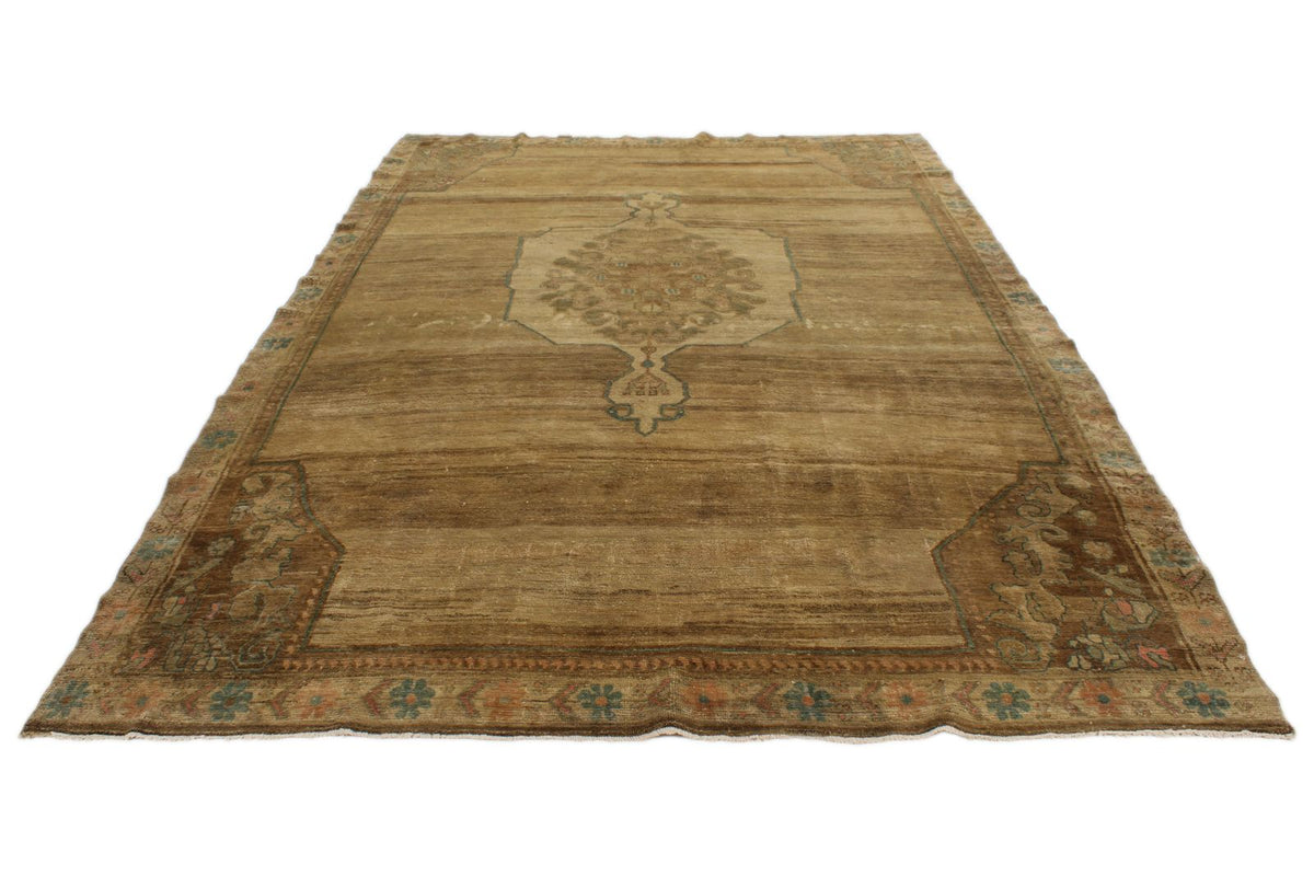 7x11 Ivory and Brown Turkish Tribal Rug