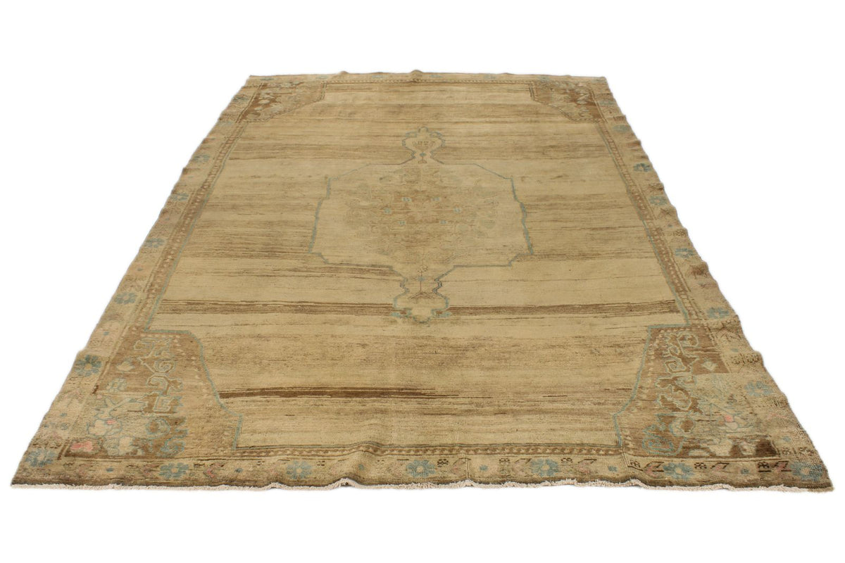 7x11 Ivory and Brown Turkish Tribal Rug