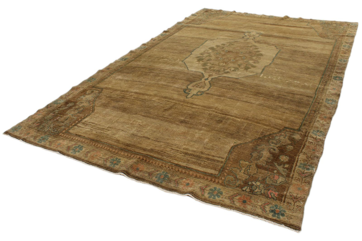 7x11 Ivory and Brown Turkish Tribal Rug