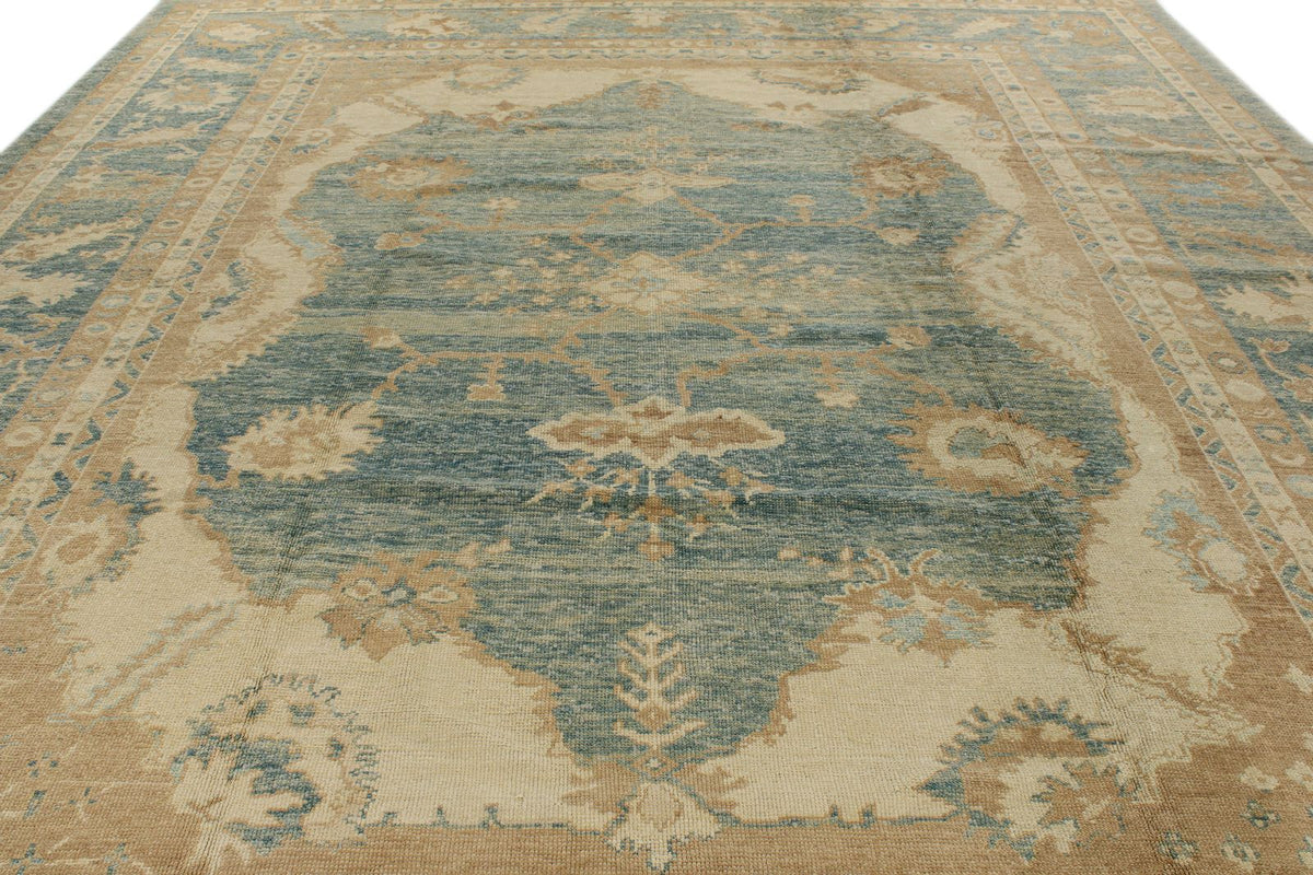 13x16 Blue and Ivory Turkish Oushak Rug