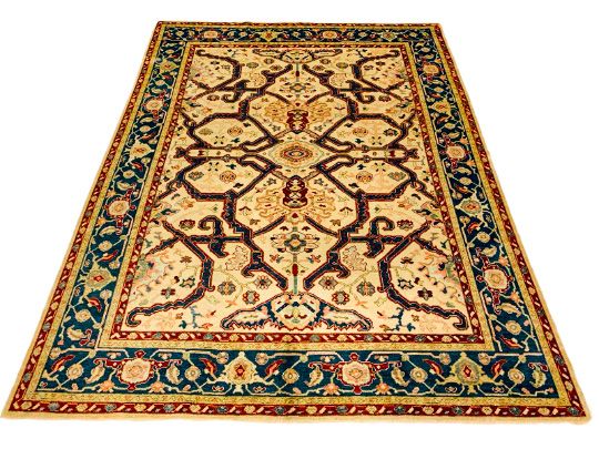 6x8 Ivory and Blue Turkish Oushak Rug