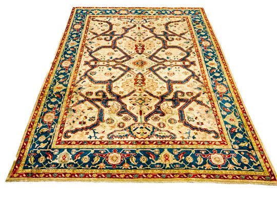 6x8 Ivory and Blue Turkish Oushak Rug